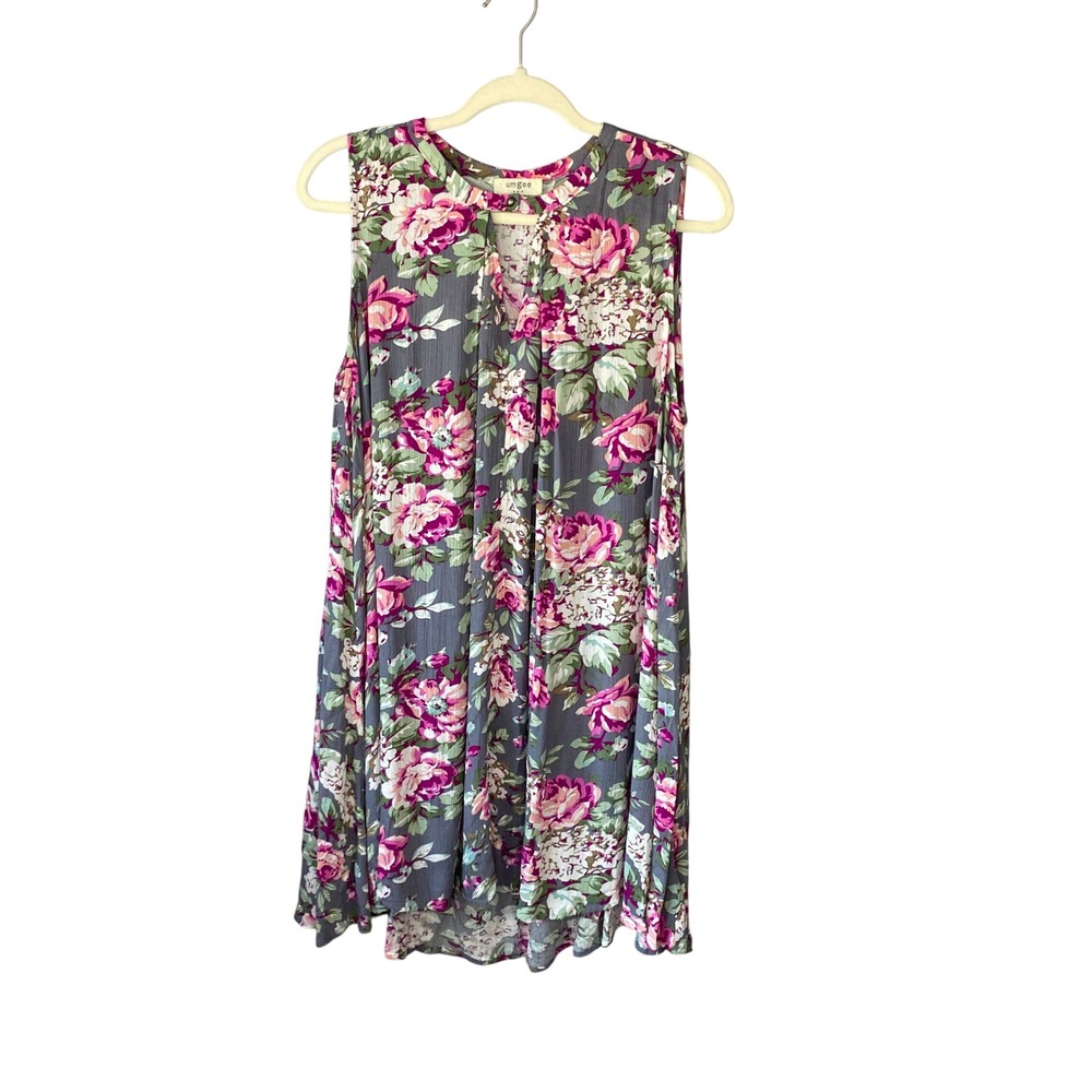 Umgee Floral Sleeveless Swing Mini Dress Grey‎ Pink Large A2286